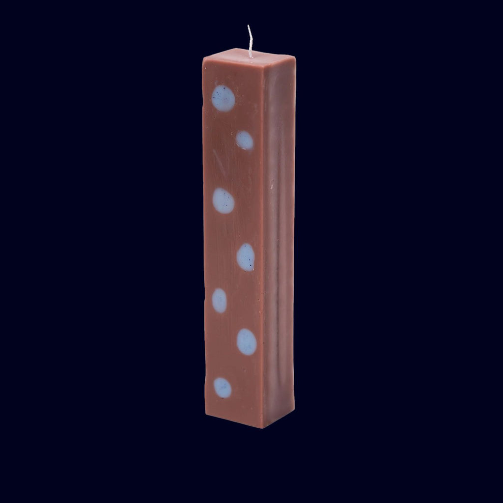 pillar candle chocolate with light blue dots