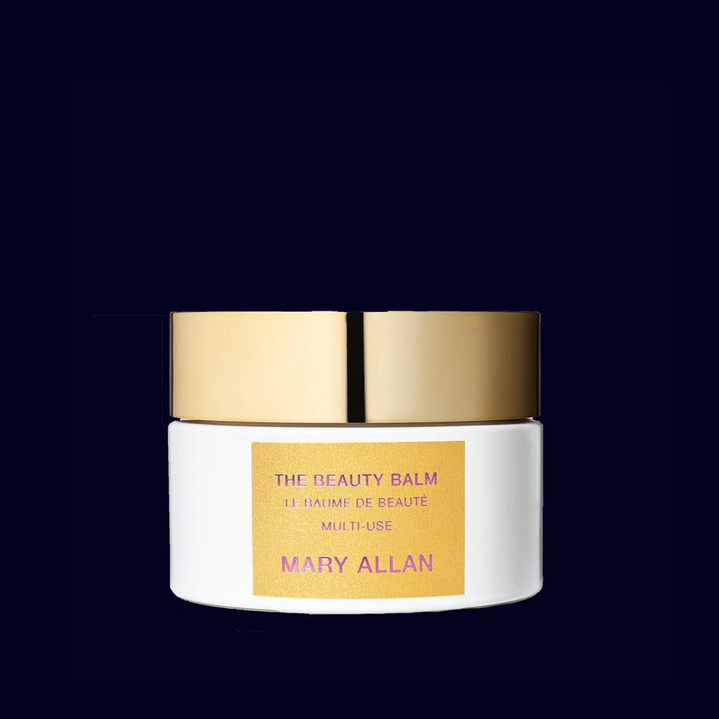 mary allan jar of beauty  balm. white glass with gold label. vitamine c