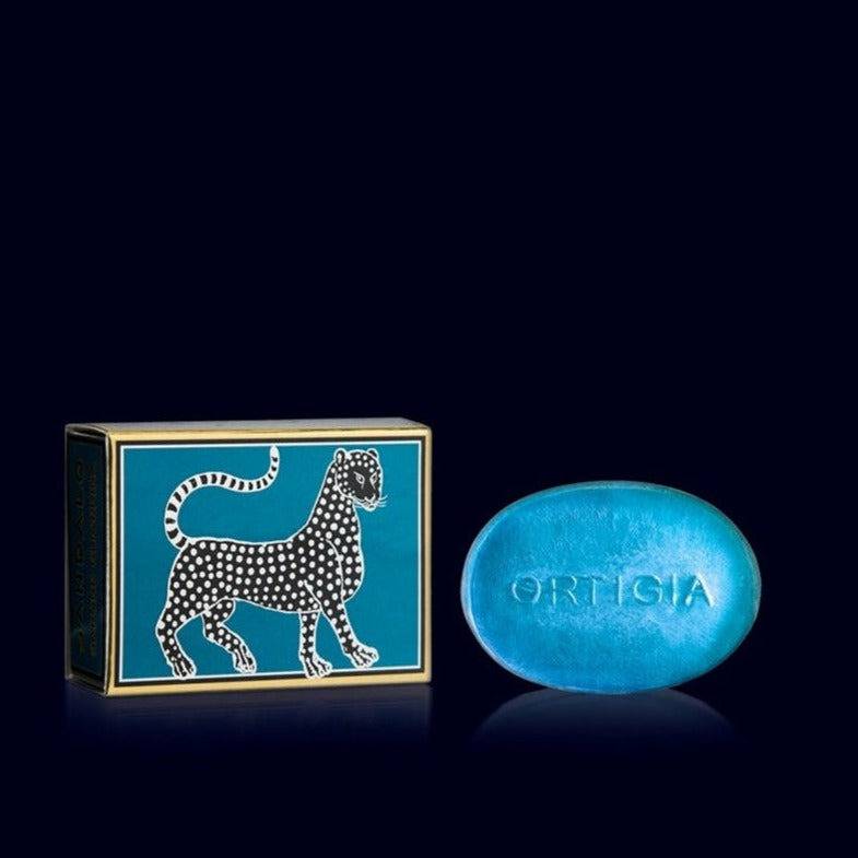 ortigia glycerin soap, turquoise, and its metallic turquoise, silver and gold gift box ornated with a leopard-sandalwood-sandalo- sicily