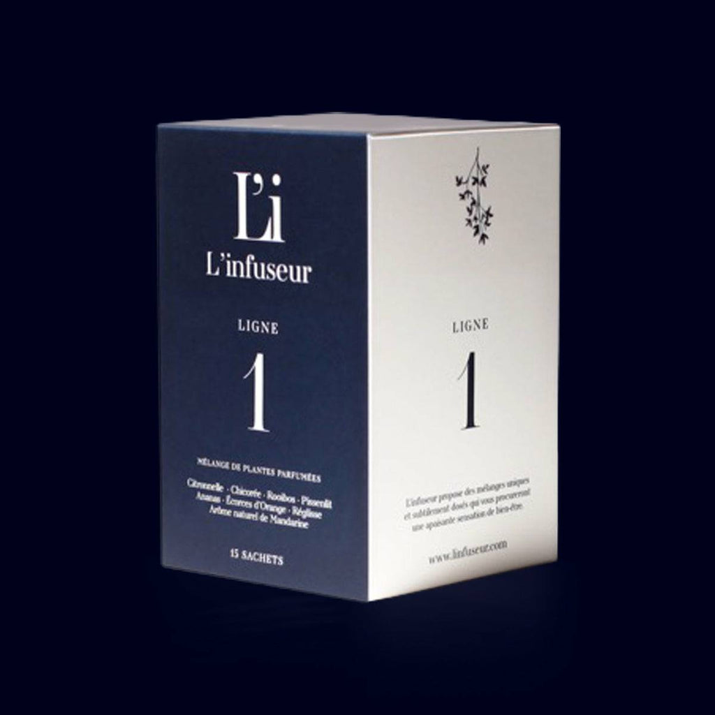 l'infuseur organic herbal tea in a blue and white square box. bag-no 1 ligne