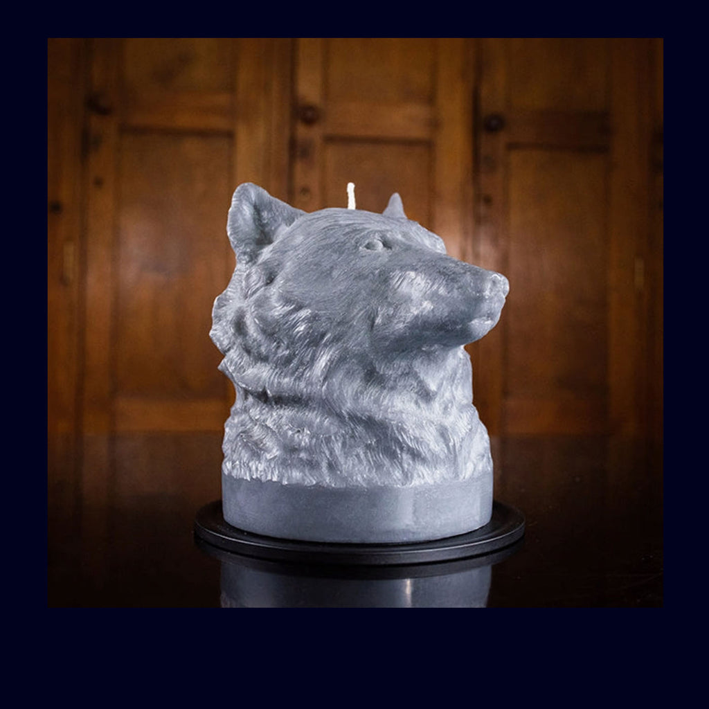 lion head candle in grey