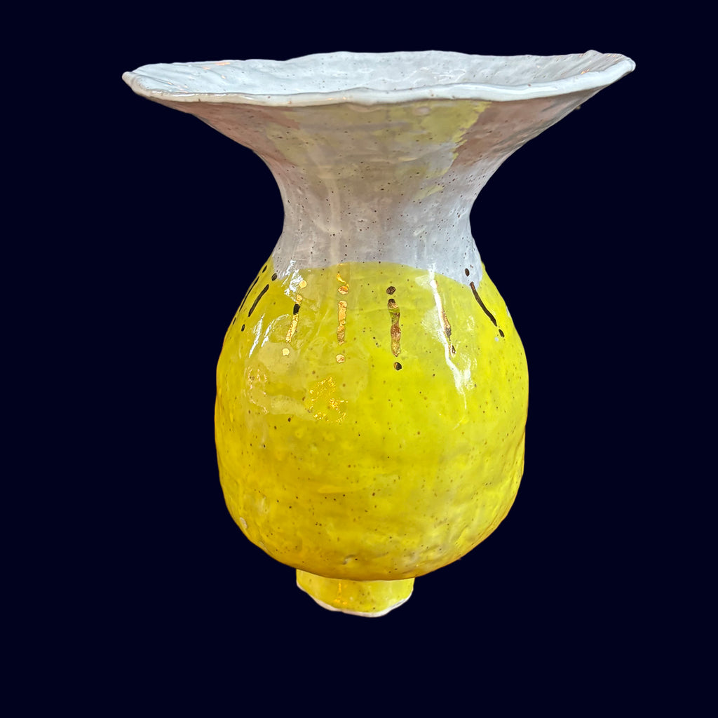 ceramic vase handbuilt yellow and white