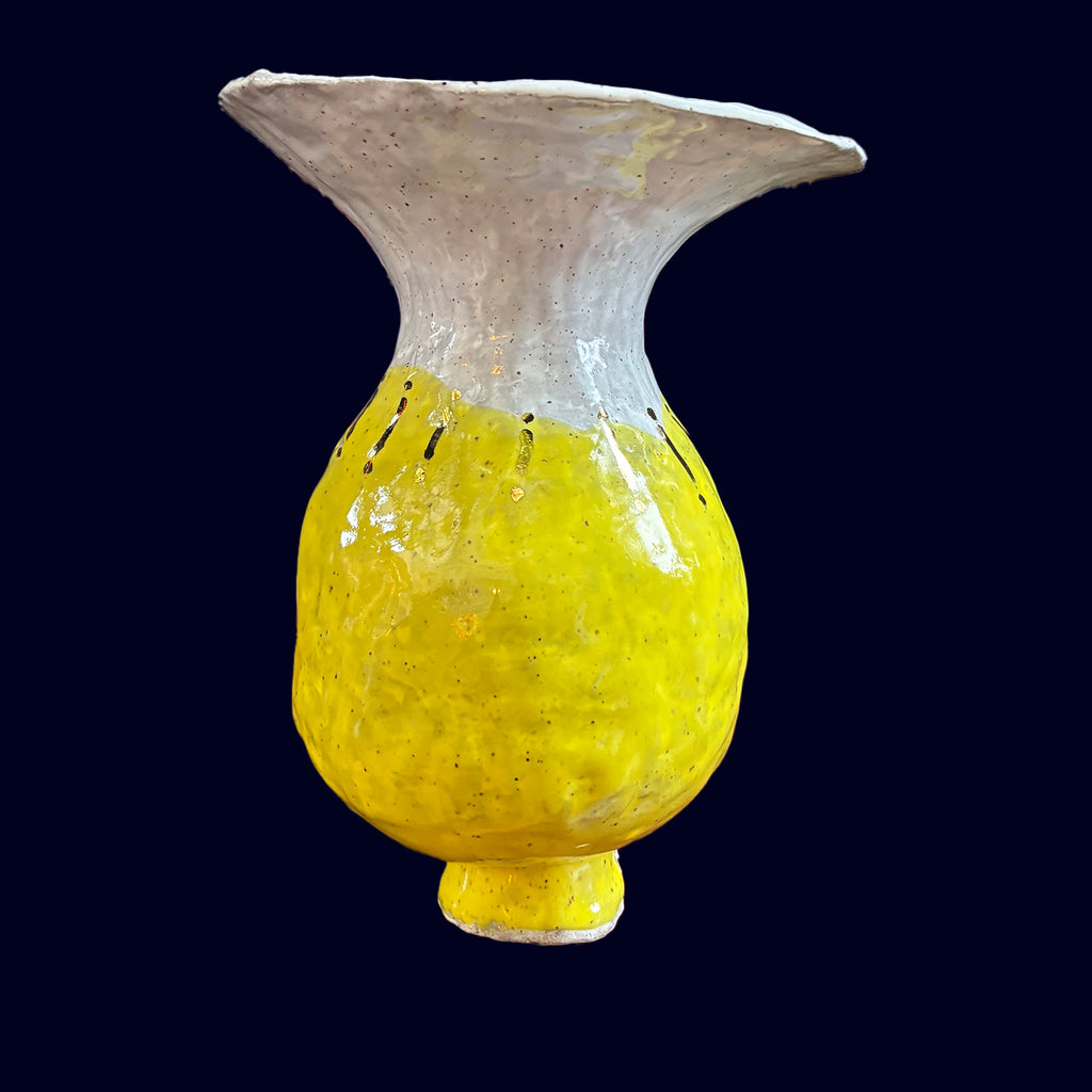 ceramic vase handbuilt yellow and white