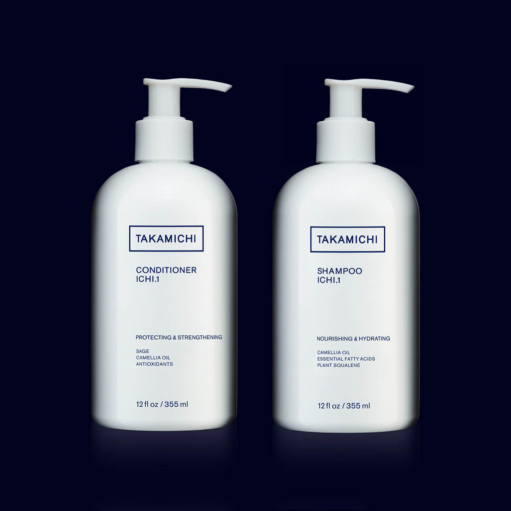 takamichi hair kit. 1 plant based shampoo and 1 conditioner, with camelia seed oil. in a white boston bottle with blue logo. cruelty free. leaping bunny certified