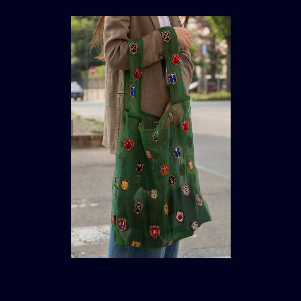 brigitte tanaka green organza tote bag with patches