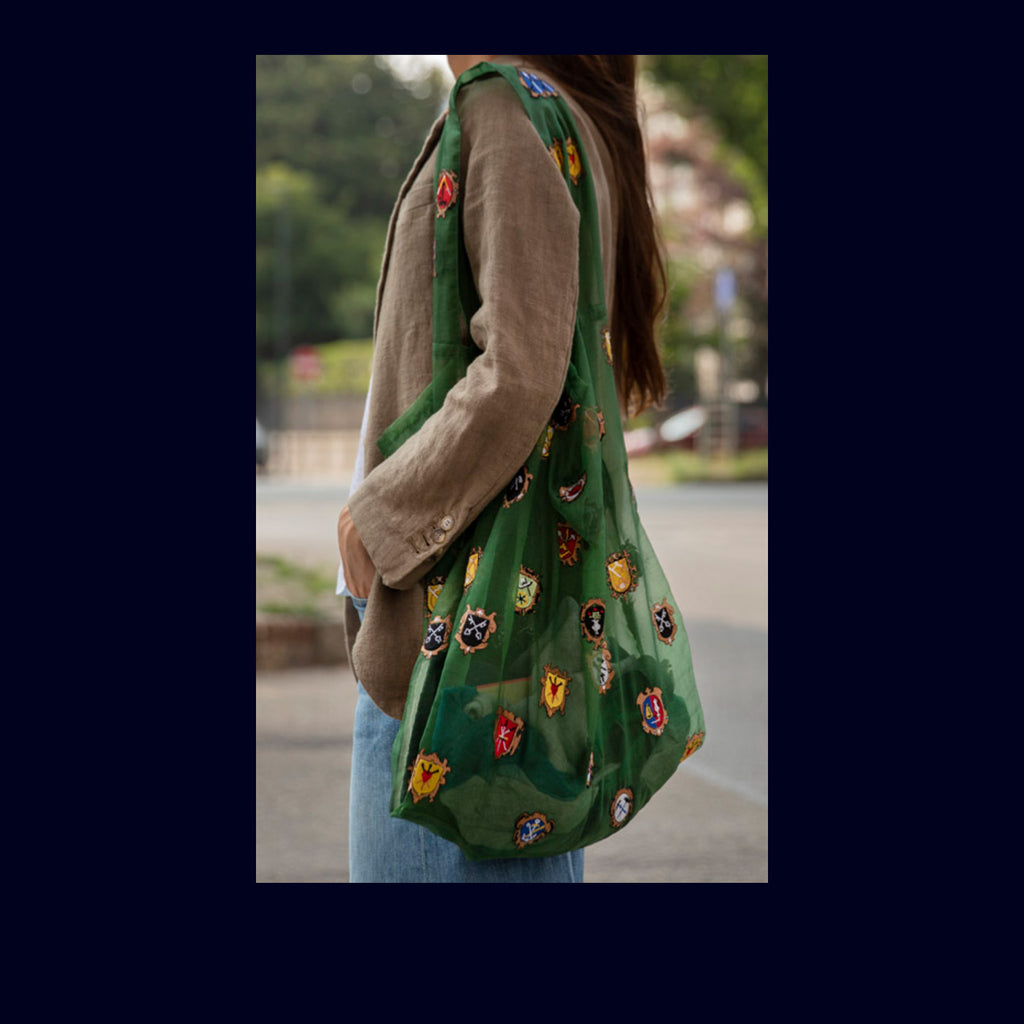 brigitte tanaka green organza tote bag with patches