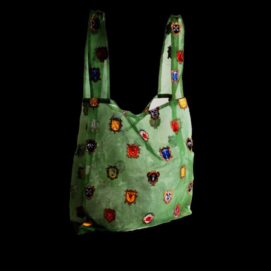 brigitte tanaka green organza tote bag with patches