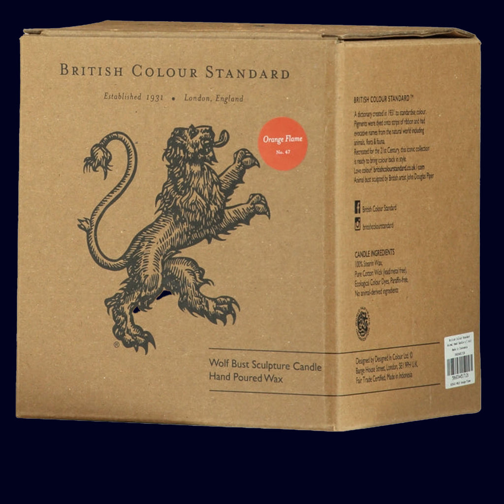 Cardboard box with a lion illustration and text on a black background
