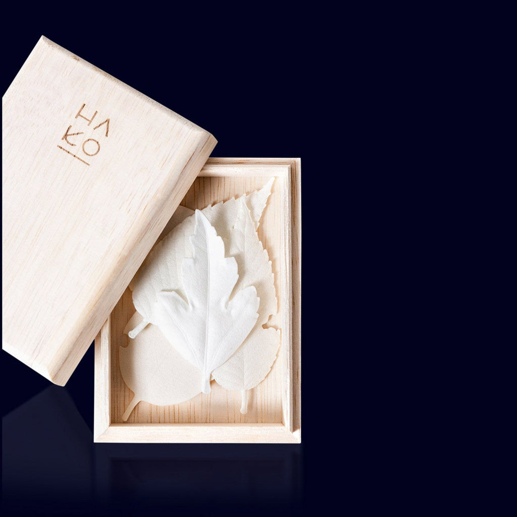 hako washi paper japanese incense in wooden box shape as a leaf