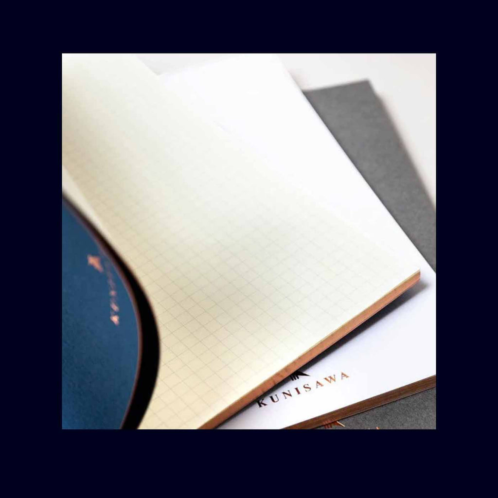 Open notebook with lined pages on a white surface