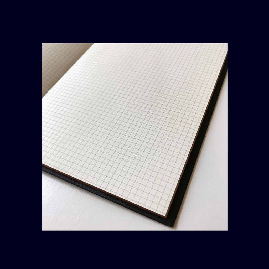 Notebook with grid paper on a white surface