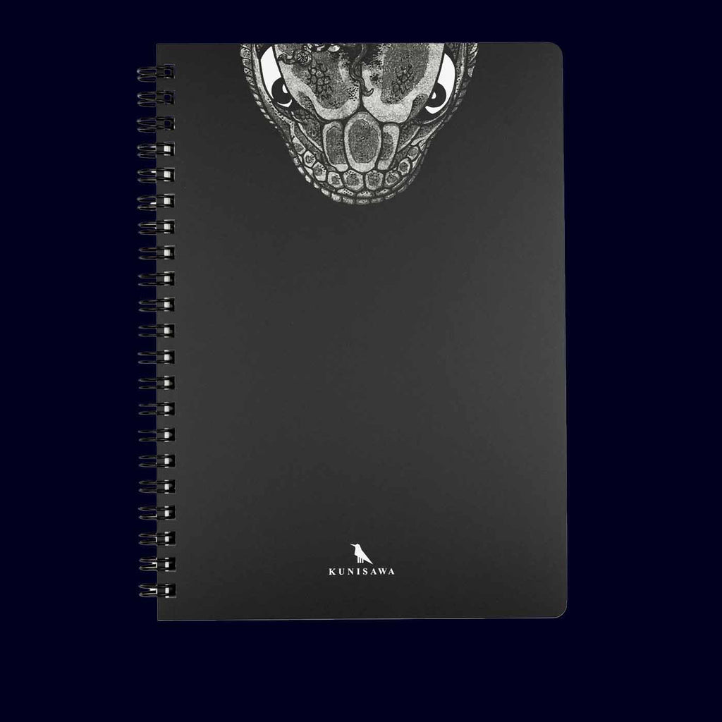Black notebook with a dragon illustration on the cover, featuring the brand 'Kunisawa'.