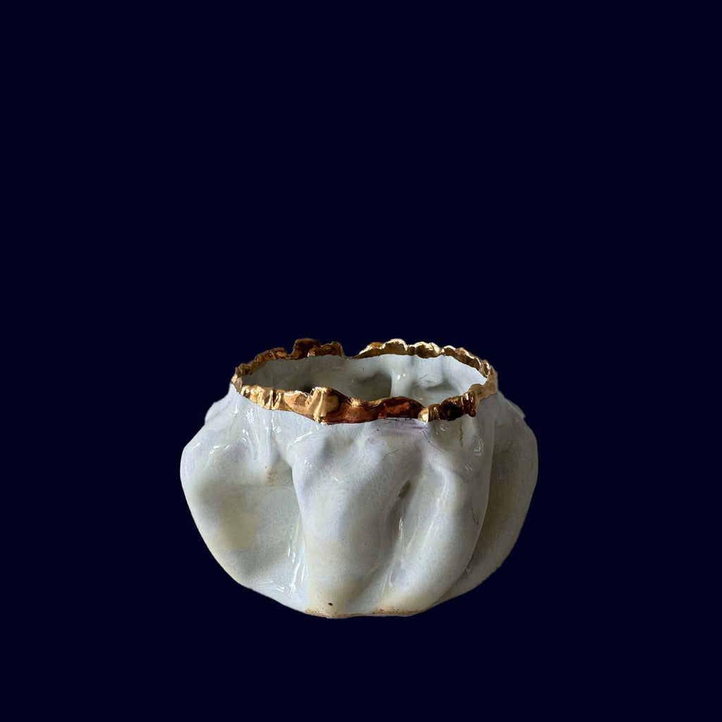 White ceramic bowl with gold rim on a dark blue background