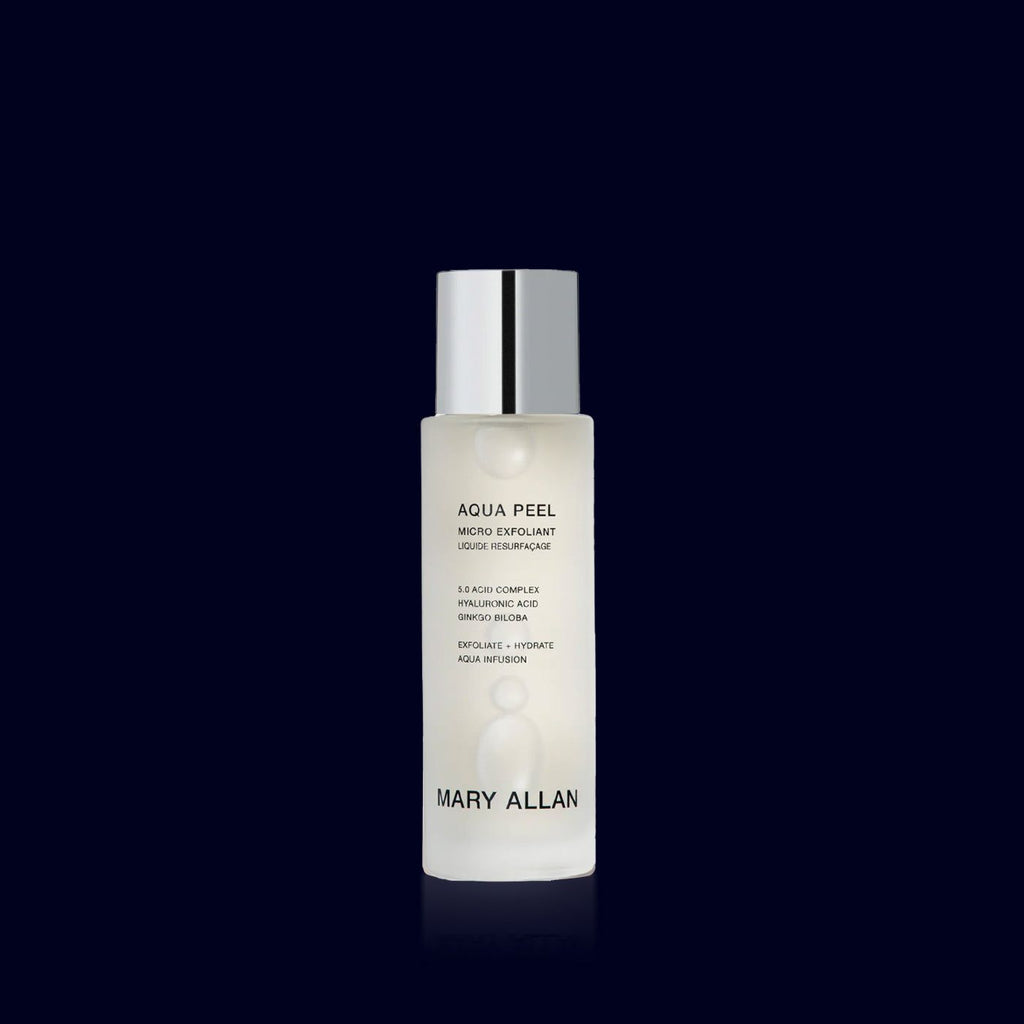 mary allan glass bottle of aqua peel micro  skin exfoliant with glycolic acid and hyaluronic acid