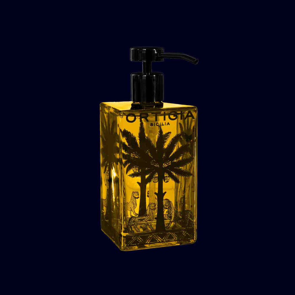ortigia liquid soap glass bottle with palmtrees ambra nera