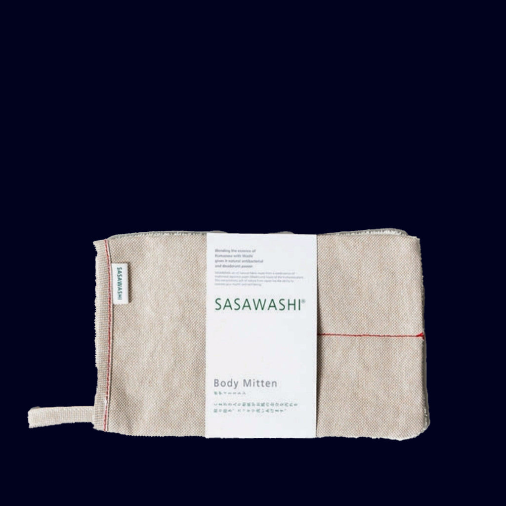 Sasawashi body mitten with packaging on a black background