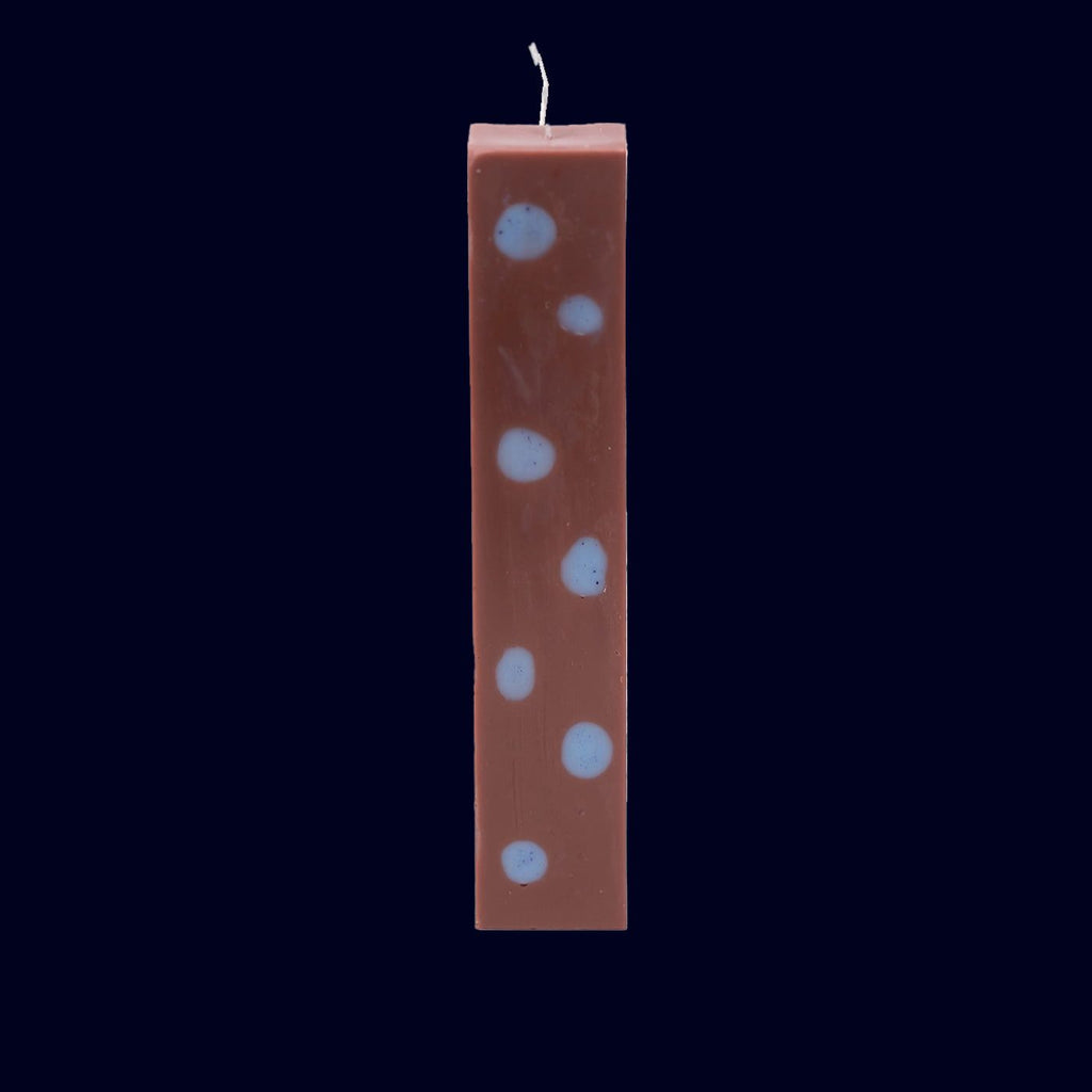 pillar candle chocolate with light blue dots