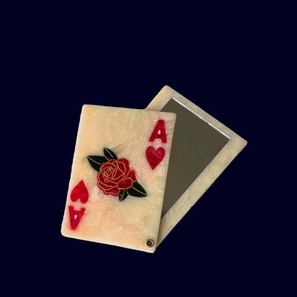 COMPACT MIRROR Playing card design with red hearts and a rose 