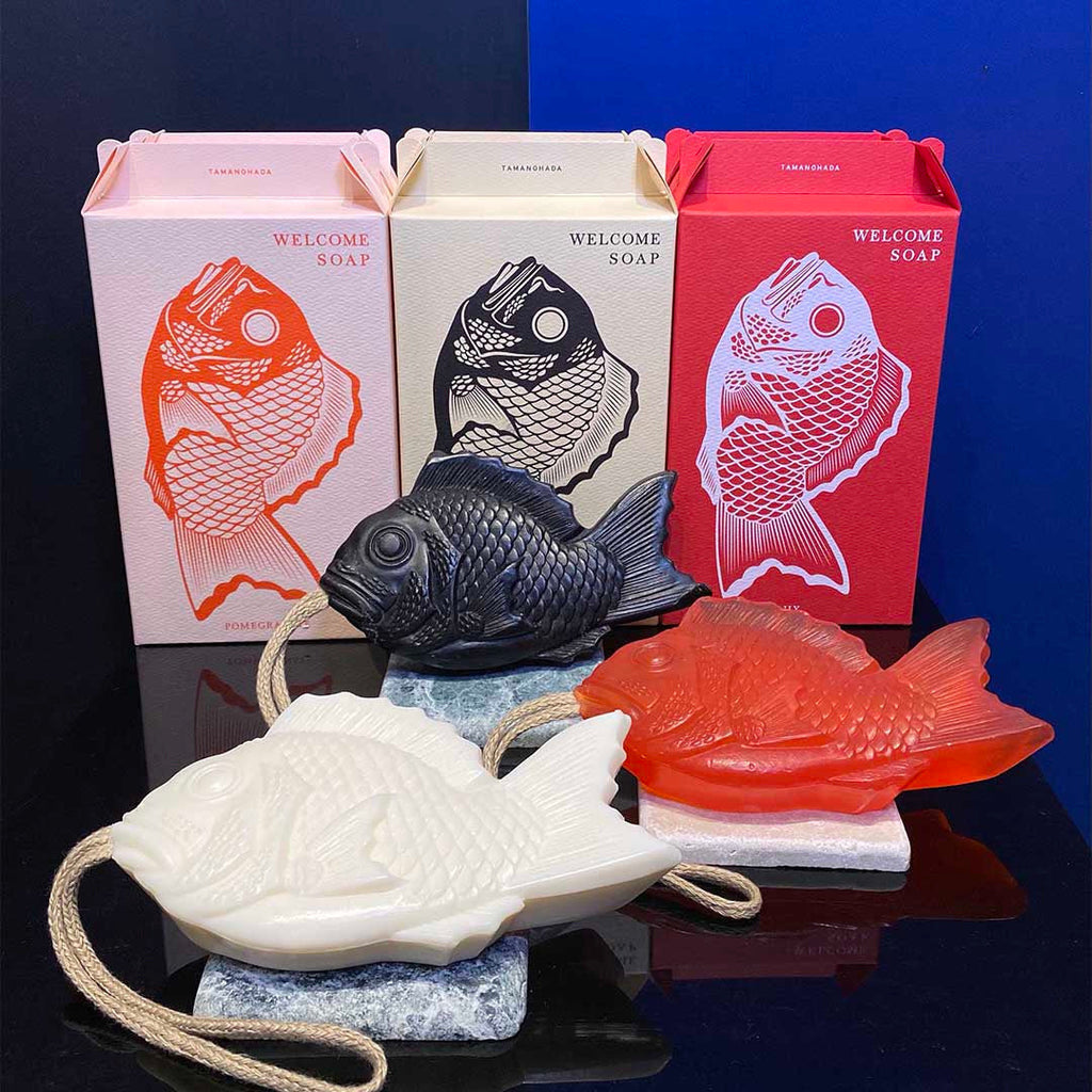 tamanohada welcome soap- red, black and red soap on a rope-fish shape and their boxes