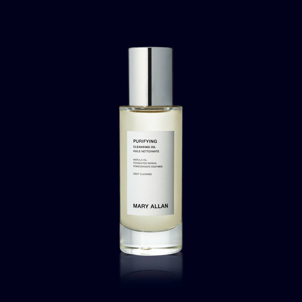 purifying cleansing face oil in a glass bottle with silver lid- mary allan