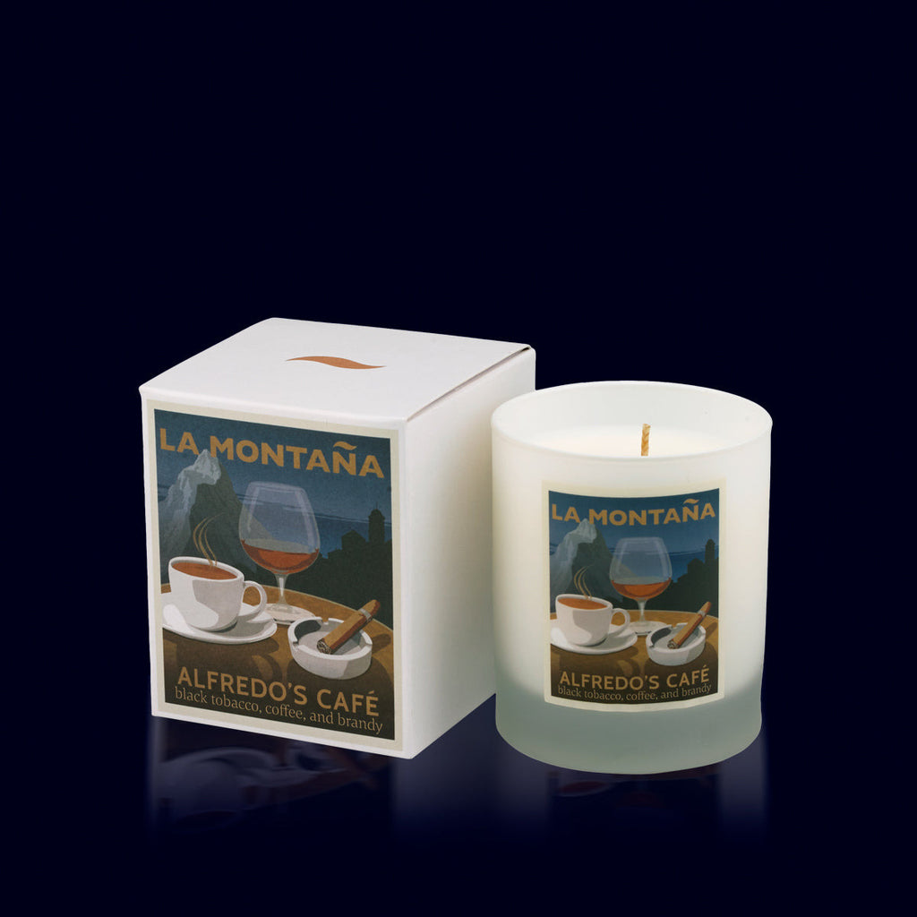 scented candle alfredo's cafe by la montana in white vessel