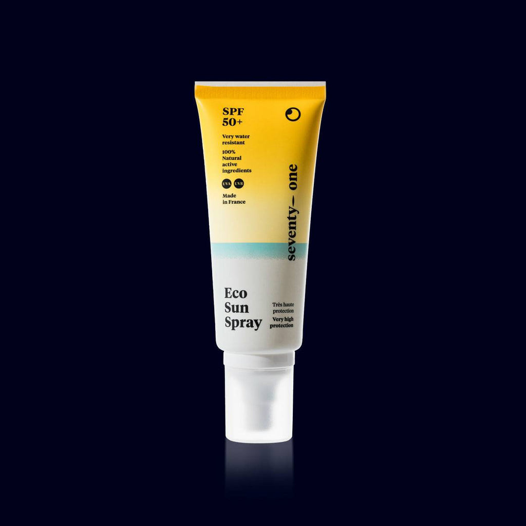 spray tube of mineral body sunscreen spf 50 from seventy one. ocean safe by french brand seventy one 