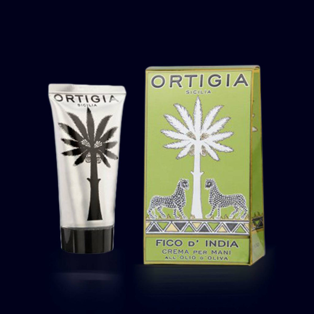 ortigia hand cream in a silver tube and green, gold and silver box. fico d'india-fig