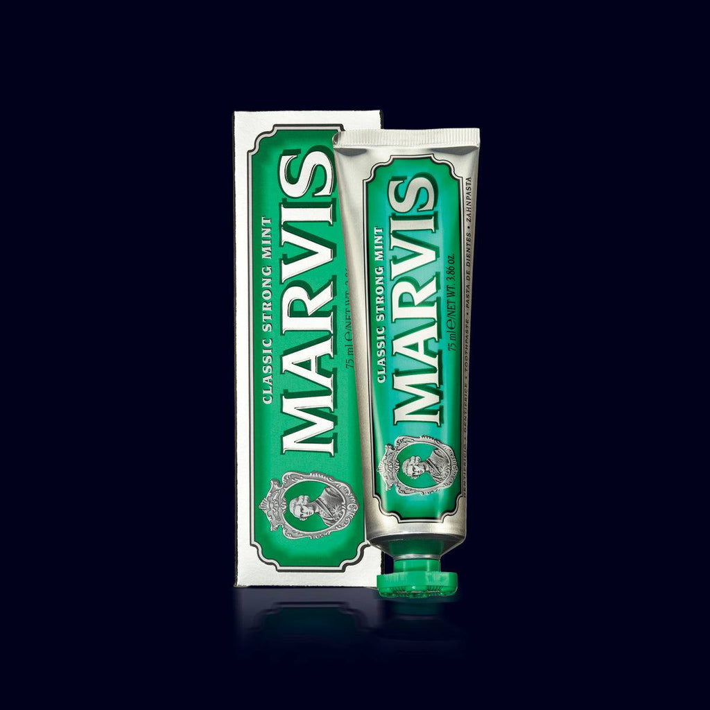 marvis tube of toothpaste classic strong mint. green and silver packaging