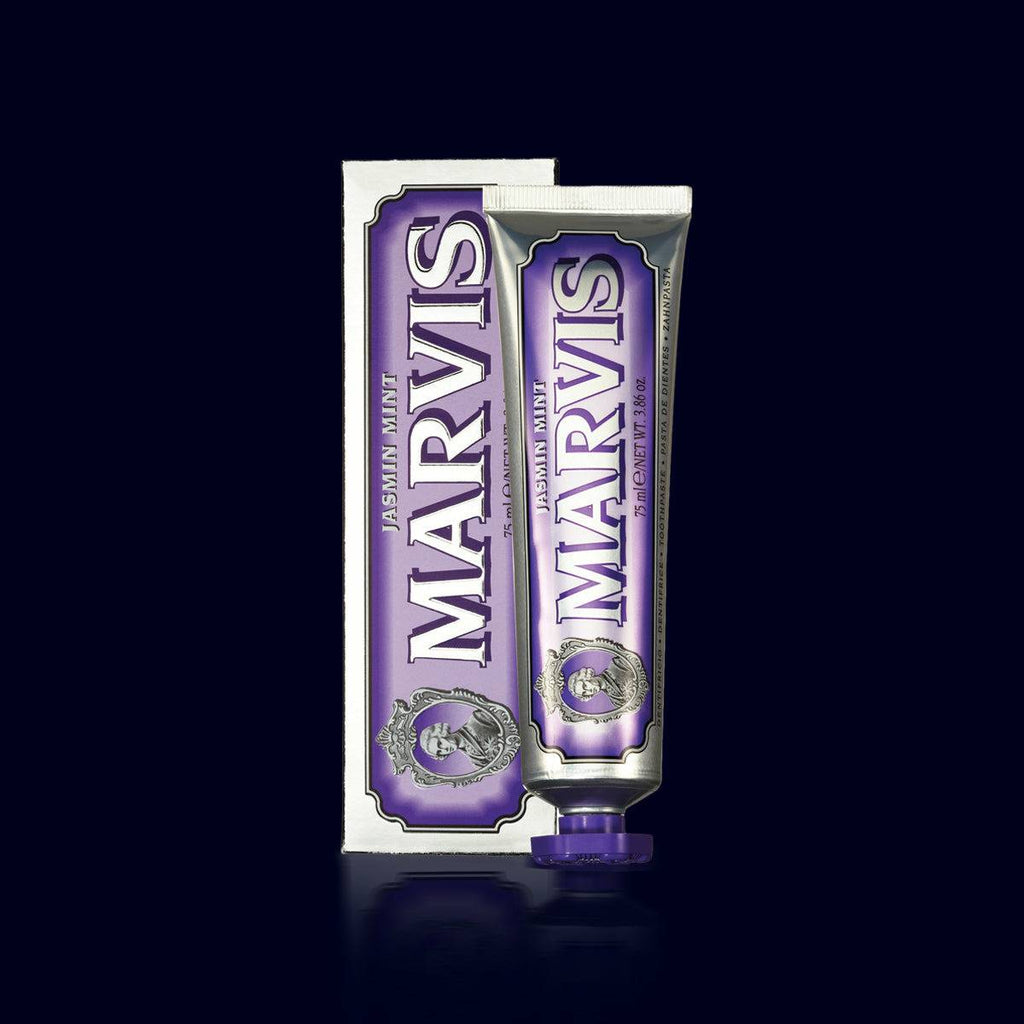 marvis tube of toothpaste jasmin mint. silver and purple packaging