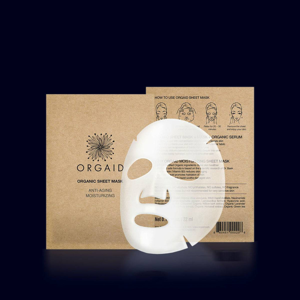 a paper box of mask sheets anti aging and moisturizing for the face from orgaid. 