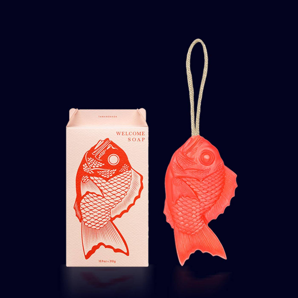 welcome soap- japanese soap on a rope shaped as a red snaper in its pale pink and red box. tamanohada