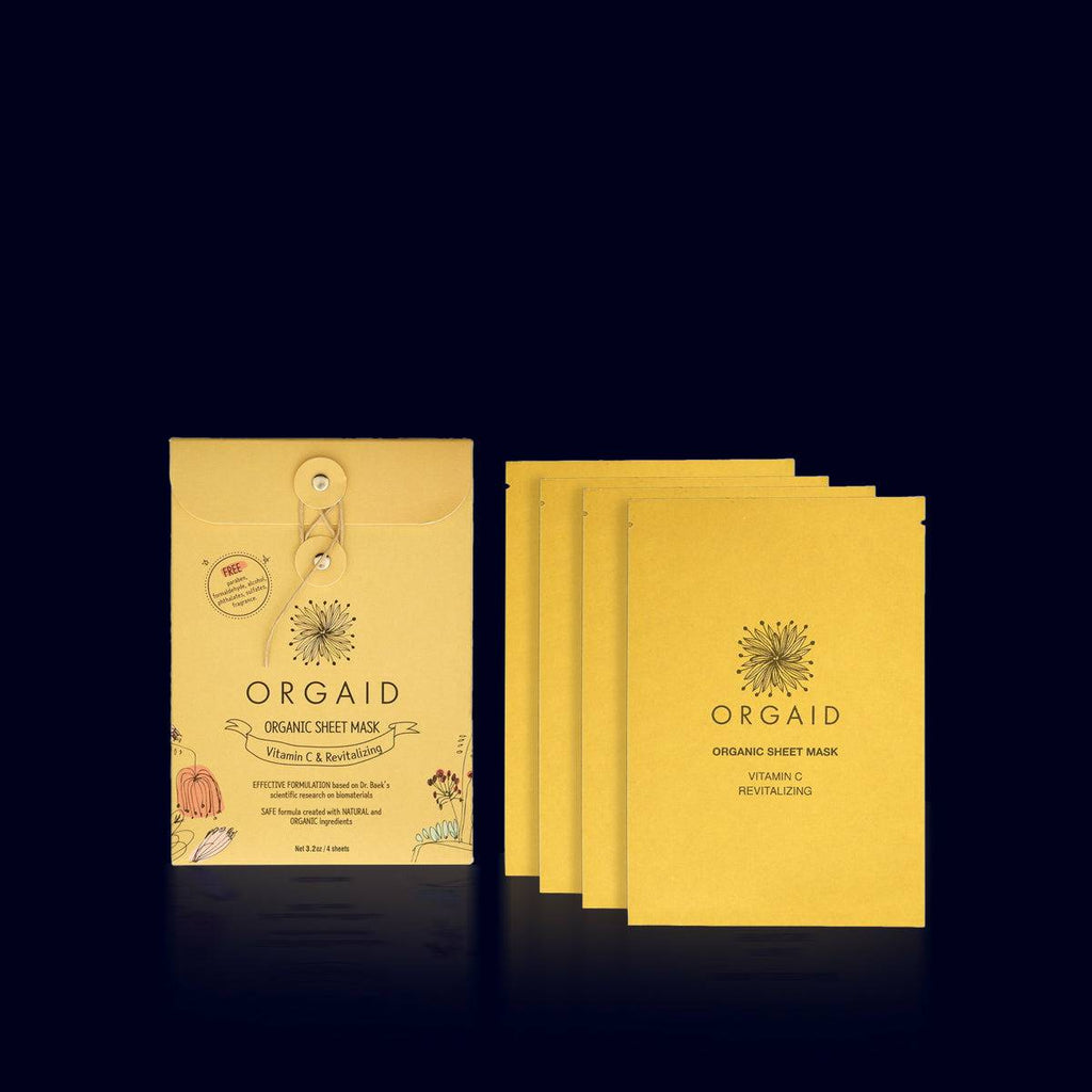orgaid box of organic face sheet masks- vitamin c - box and individual sheet masks in yellow pouches