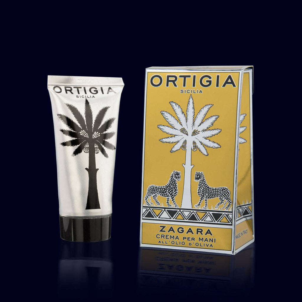 ortigia hand cream in a silver tube and gold and silver box. zagara-orange blossom