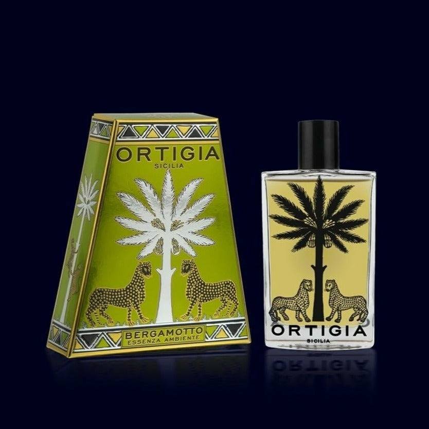 ortigia room essence- spray glass bottle and its metallic green, gold and silver gift box-bergamot