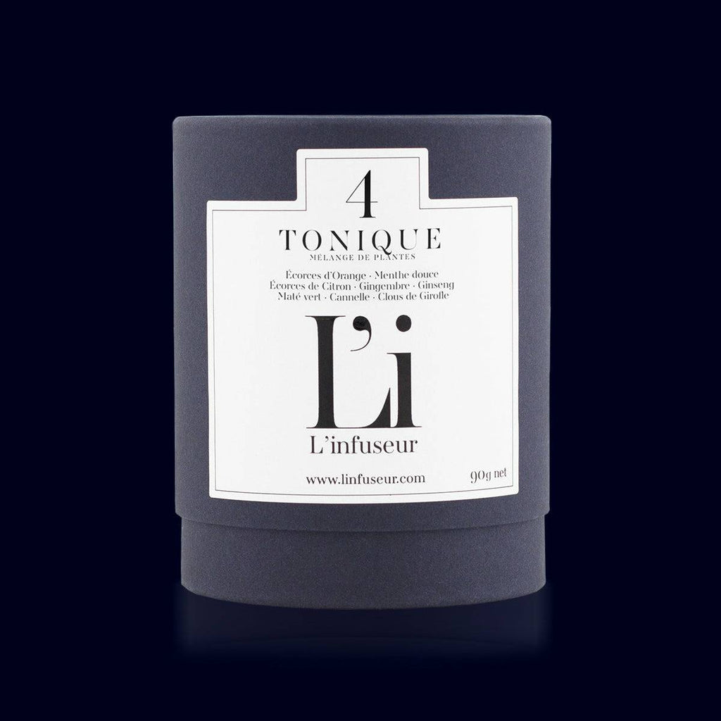 l'infuseur, round blue and white box of organic herbal tea, loose leaves. no 4-tonique-made in france