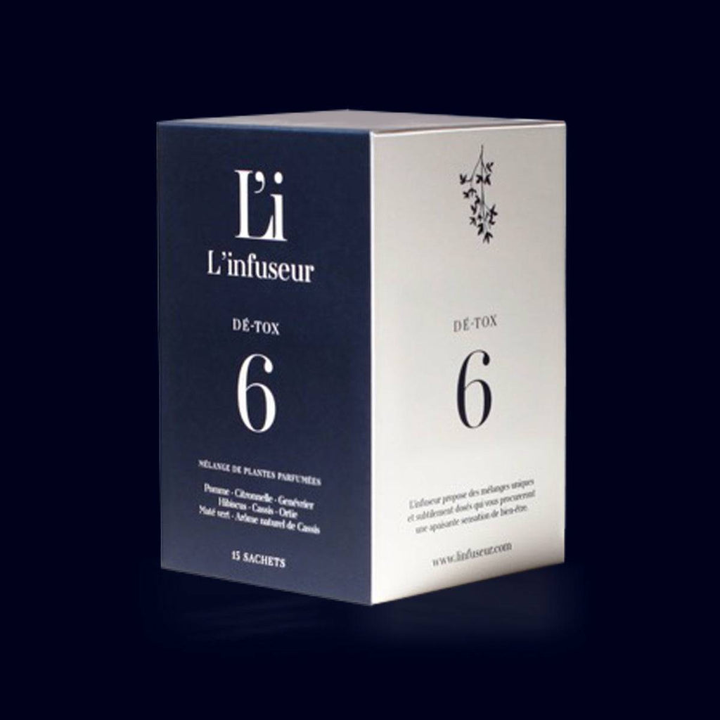 l'infuseur organic herbal tea in a blue and white square box. bags-no 6 detox