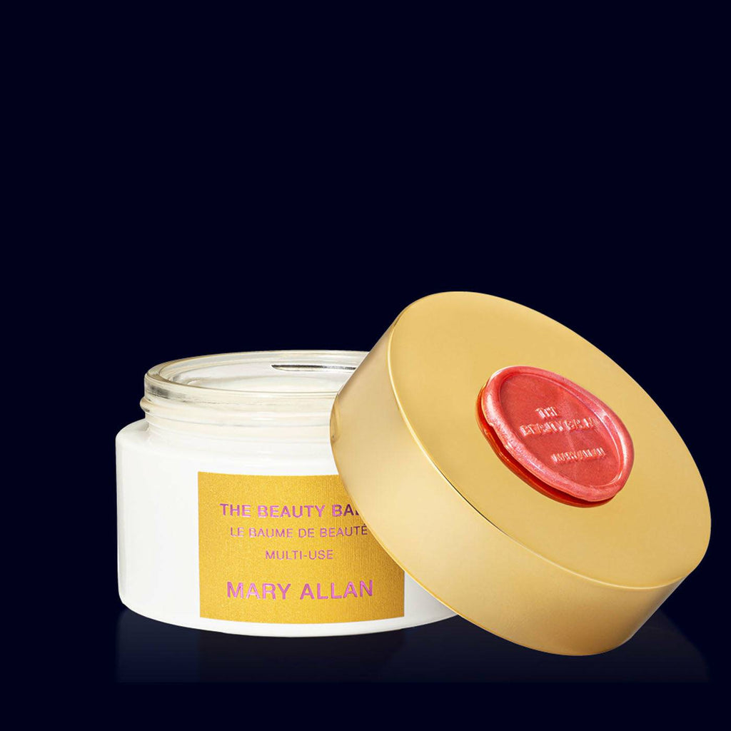 mary allan jar of beauty  balm. white glass with gold label. vitamine c