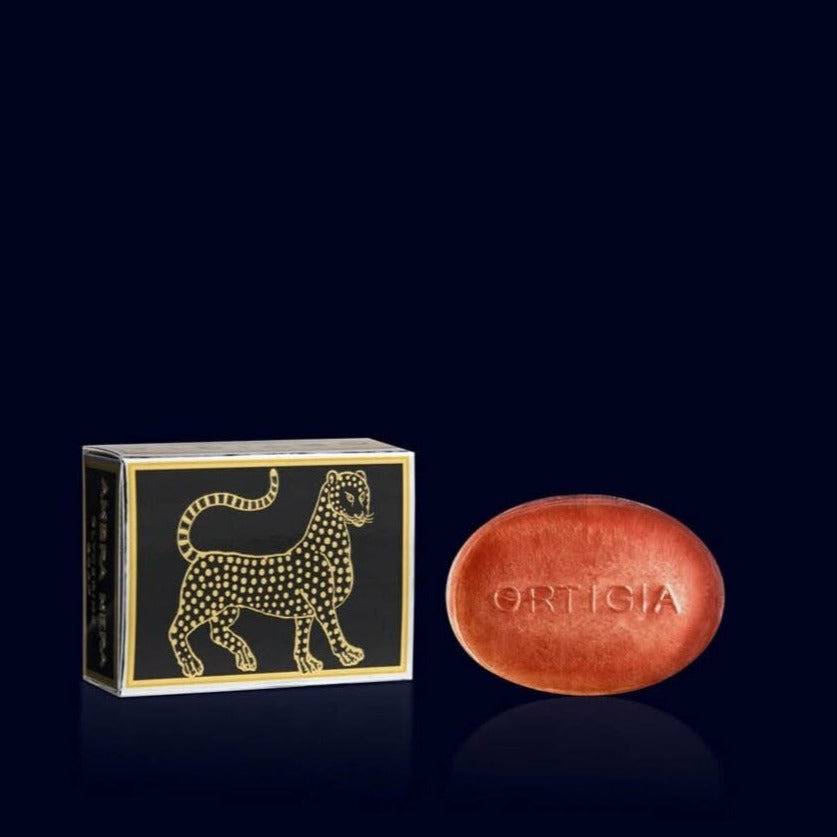 ortigia glycerin soap, amber, and its metallic black and gold gift box ornated with a leopard-amber-ambra nera- sicily
