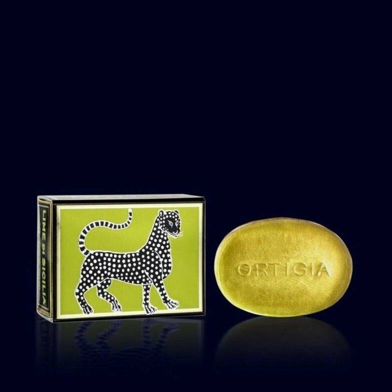 ortigia glycerin soap, lime green, and its metallic black and lime gift box ornated with a leopard-lime- sicily