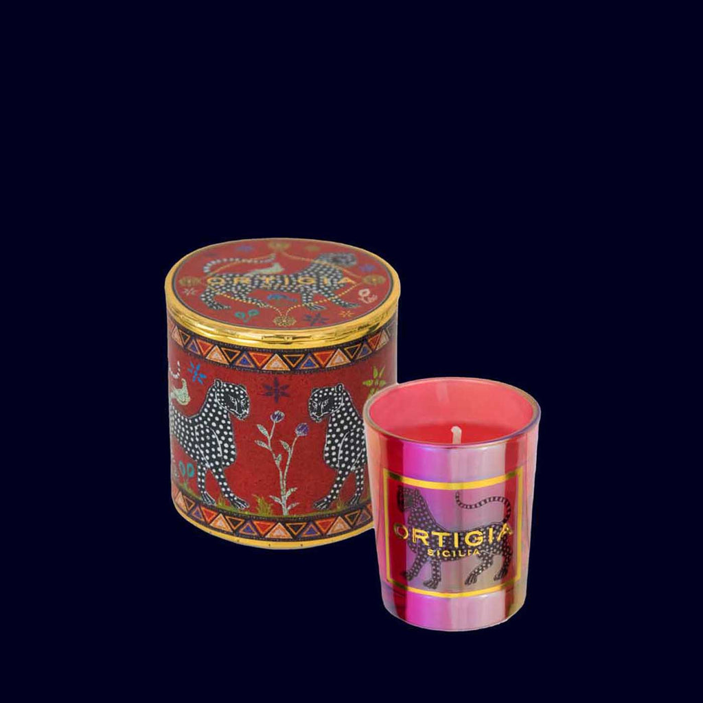 ortigia red candle palo santo in a metallic red glass vessel in a red, gold and black gift box