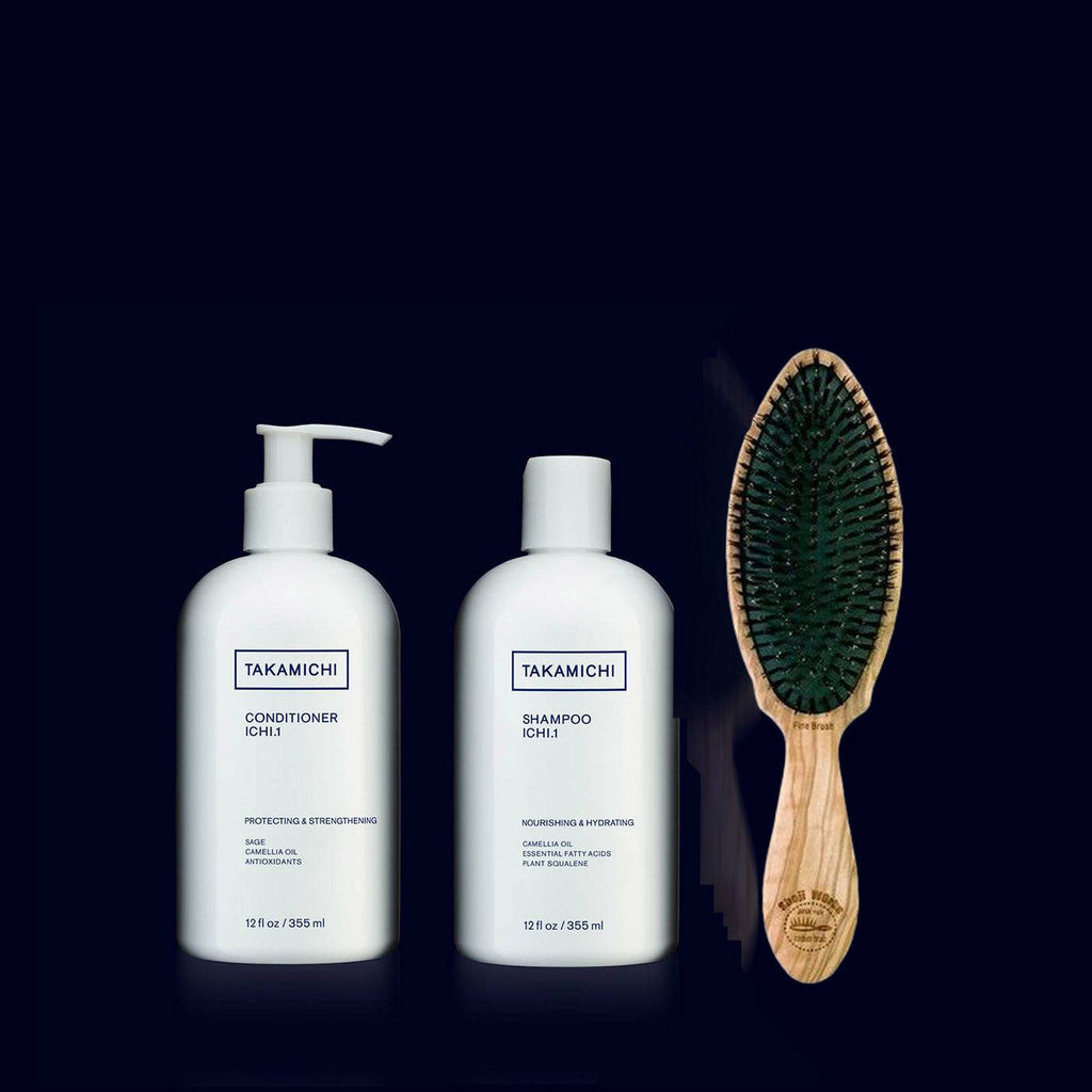 takamichi beauty room hair care kit with takamichi  balancing shampoo and conditioner and wood hairbrush