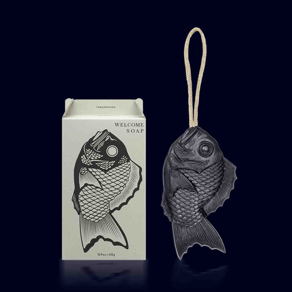 welcome soap- japanese soap on a rope shaped as a fish in its pale cream and black box. tamanohada